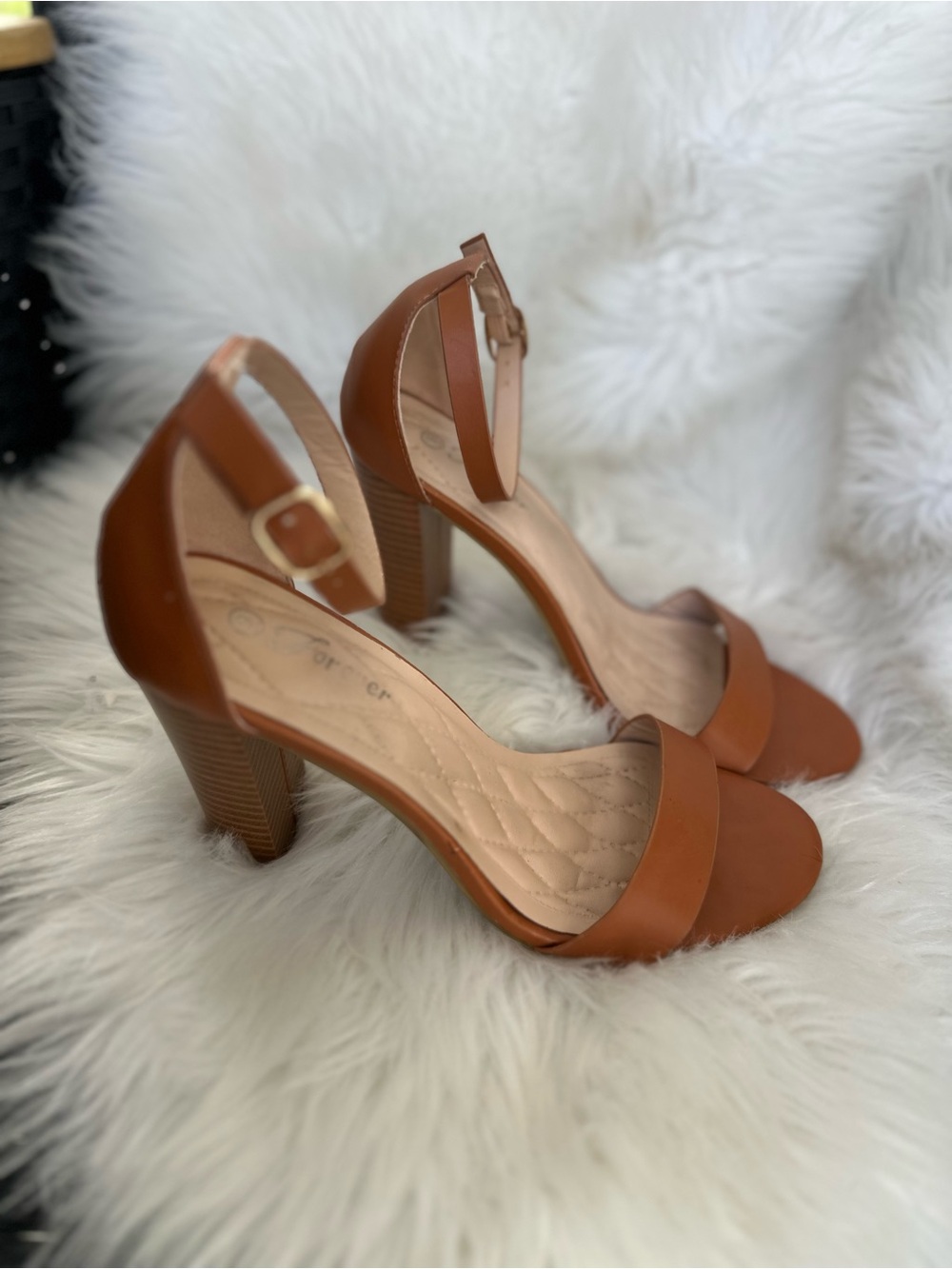 Forever Cognac Block Heel Ankle-Strap Sandals